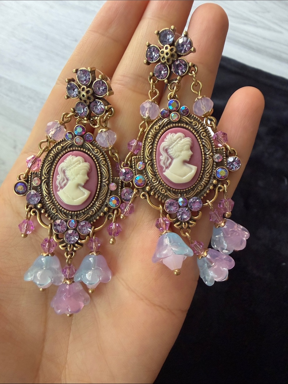 Kirks Folly Lavender and Blue Cameo Drop Earrings - Gold Tone